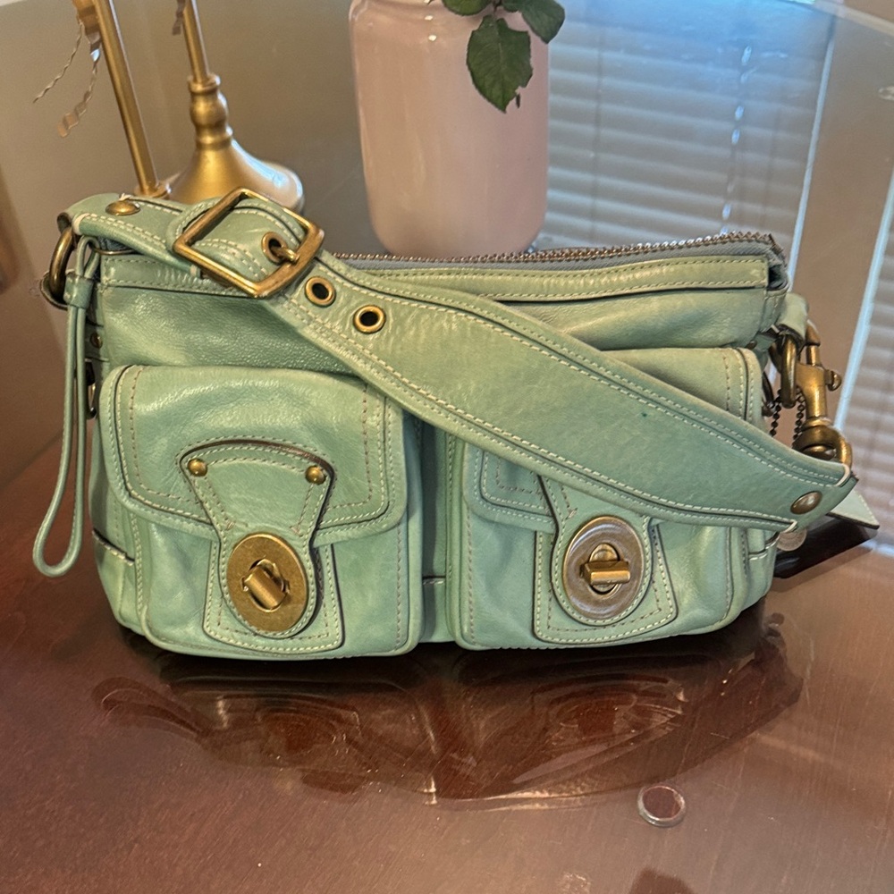 Coach Turnlock Teal Green Leather Shoulder Bag